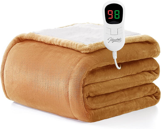 Homemate Electric Heated Blanket Twin Size - 62"x84" Heating Blanket Twin Size 1/2/4/6/8 Hours Auto-Off 10 Heat Level Over-Heat Protection Flannel Sherpa ETL Certification
