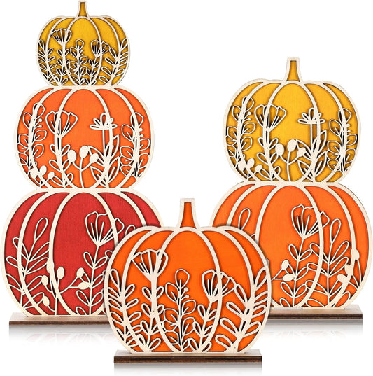 Leinuosen Fall Pumpkin Decorations Wooden Tabletop Signs, Autumn Table Centerpieces Pumpkins of 3 Size Fall Tray Decor for Home Room Decor Thanksgiving Halloween Harvest Decoration(Autumn Colors)