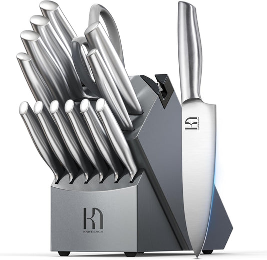 Knife Set, 14 Pcs Premium Japanese High Carbon Stainless Steel Kitchen Knife Set, Razor Sharp Knife Block Set with Built-in Sharpener, Quality Acacia Wood Block Knife Sets Ergonomic Handle