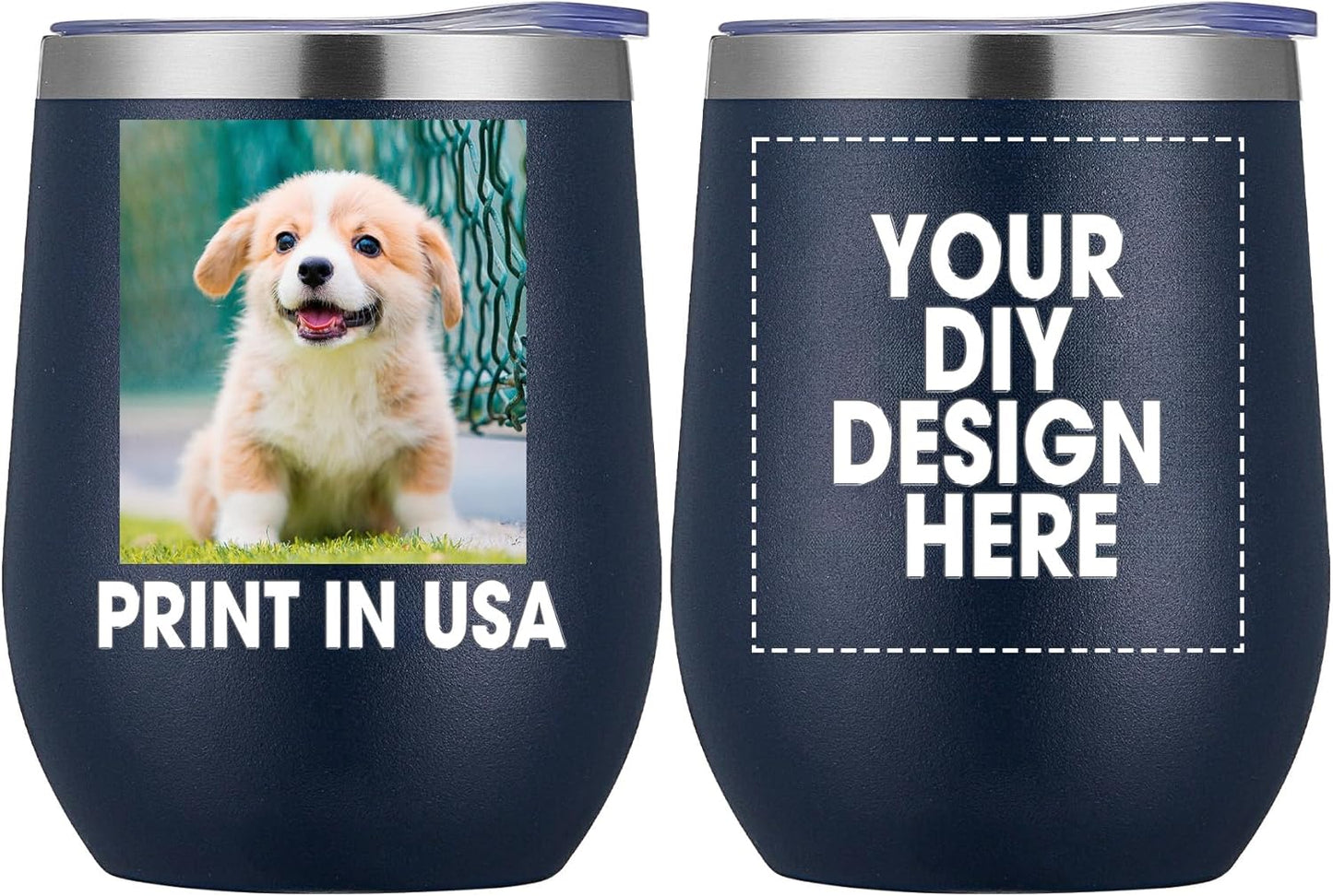 Personalized Custom Wine Tumbler Print in USA 12oz Stainless Steel Travel Coffee Cup with Lid & Straw Double Wall Insulated Mug with Colorful Text Logo Photo