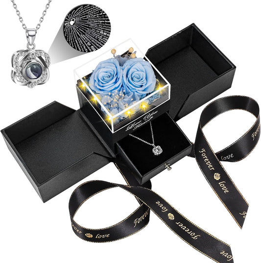 2 Preserved Real Rose with Heart I Love You Necklace- Eternal Rose Birthday Gifts for Women Wife Girlfriend Her Mom on Festivals Gifts Christmas Valentines Mothers Day Anniversary-Sky Blue Roses