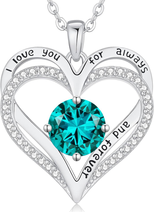 LOUISA SECRET Love Heart Birthstone Necklaces for Women, Birthday Gift for Women, Anniversary Jewelry for Wife Her, 925 Sterling Silver Pendant Necklace, Mother's Day Gift