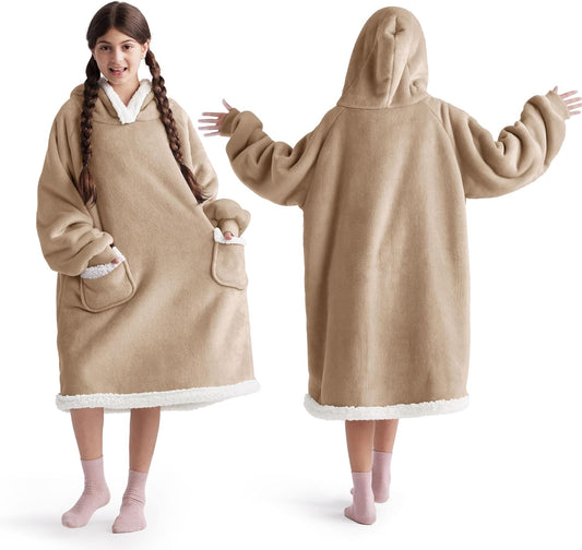 Bedsure Blanket Hoodie, Wearable Blanket for Adults & Kids as Gifts for Women Men, Birthday Gifts for Women Mom Girl Sherpa Oversized Hoodie, Gold Brown, Kids