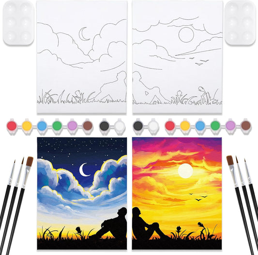 Nuberlic 2 Pack 8x10 Pre Drawn Canvas for Painting for Adults Sip and Paint Kit for Adult's Couple's Date Night Party Supplies Favors Valentine's Day Gift Sunset and Starry Night