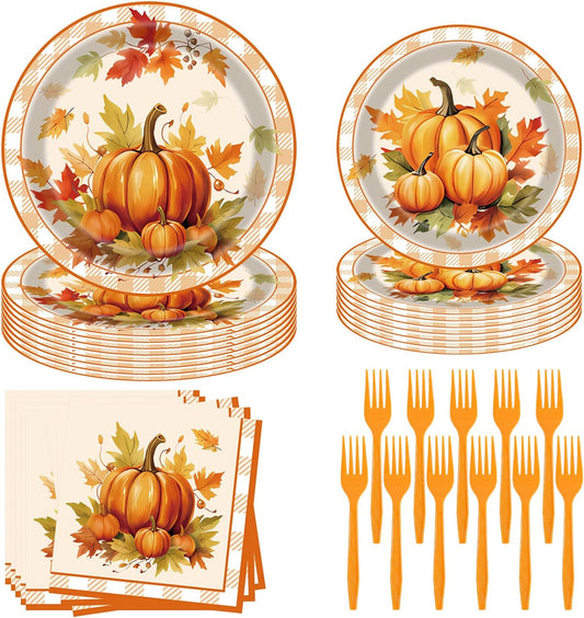Fall Party Supplies - 96 Pcs Disposable Tableware Set with Paper Plates, Napkins, Forks, Pumpkin, Autumn, Maple Leaf Pattern for Thanksgiving Harvest Party Decorations