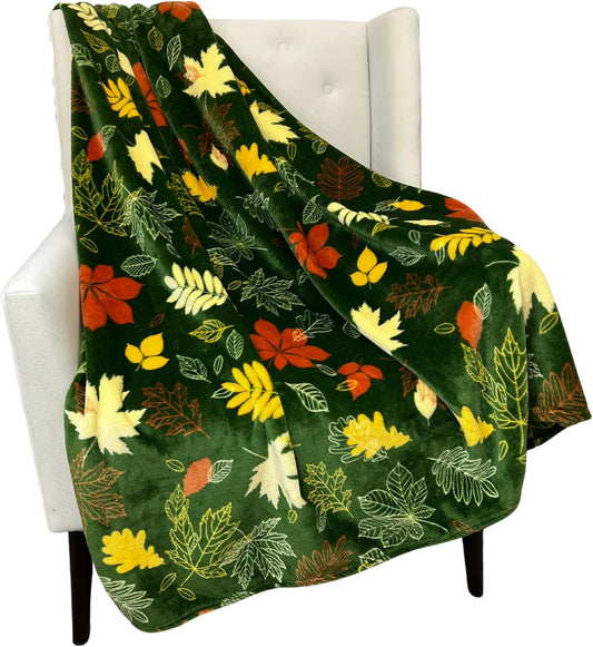 Fall Leaves Throw Blanket: Velvety Soft, Durable Fleece Accent for Bed Chair or Couch, Green Yellow Rust 50 x 70 inches