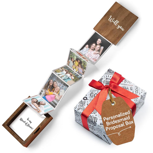 udelf Personalized Wooden Photo Box Gift with Accordion Picture Pull Out | Custom Photo Album Box | Picture Box Gift for Bridesmaid and Maid of Honor Proposal I Holds 14 Photo Prints, 3"x2"