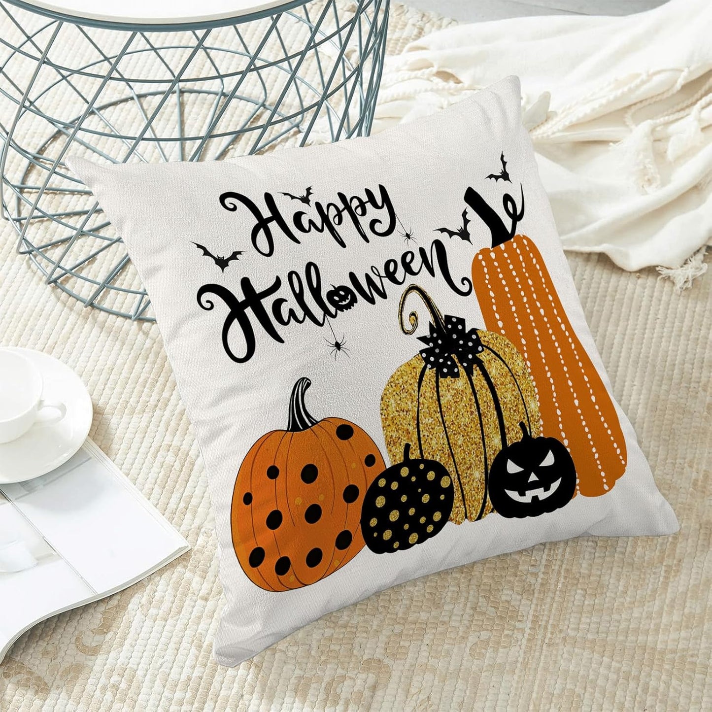Halloween Pillow Covers 18x18 inches Set of 2 Orange Black Pumpkin Decorative Farmhouse Throw Pillow Covers Outdoor Autumn Halloween Decoration Pillowcase Farmhouse Cushion Case for Couch Sofa