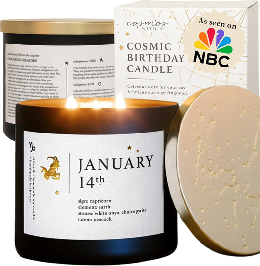 January 14th Personalized Zodiac Candle | Inspirational Astrology Reading and Daily Affirmation for Your Birthdate | Handmade Capricorn Candles | Astrology Birthday Gifts for Women