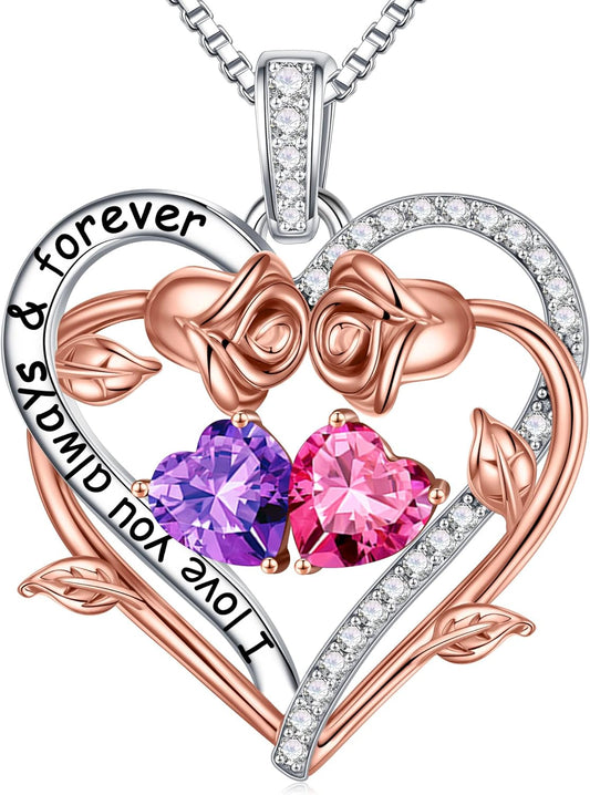 Iefil Rose Heart Double Birthstone Necklace Gifts for Wife Her Mom Women, Birthstone Jewelry Gemstone Birthday Gifts for Girlfriend Grandma Her Wife Women