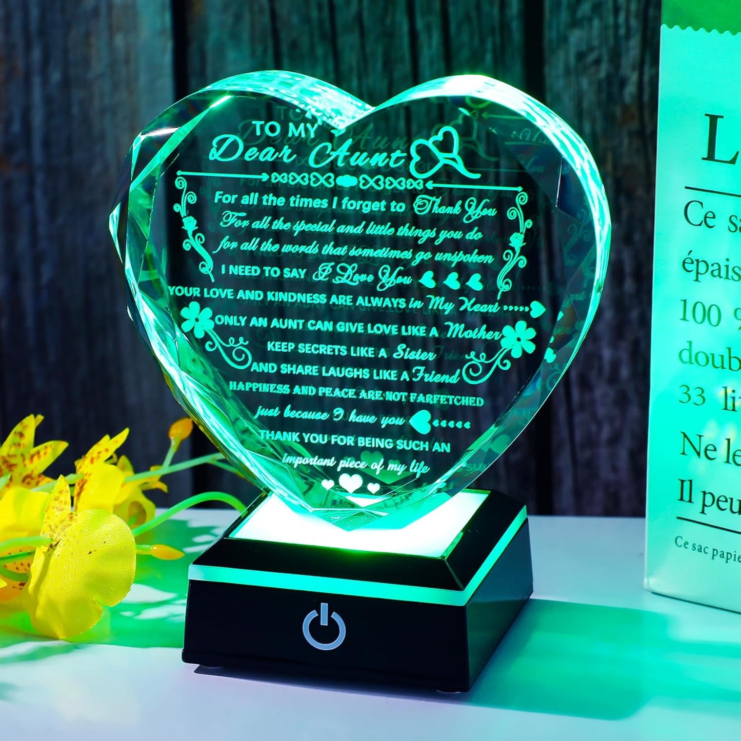 Aunt Gifts with Colorful LED Base Meaningful Crystal Heart Aunt Birthday Gifts from Niece Nephew Unique Presents for Auntie Christmas Mother's Day Valentine Day Thanksgiving