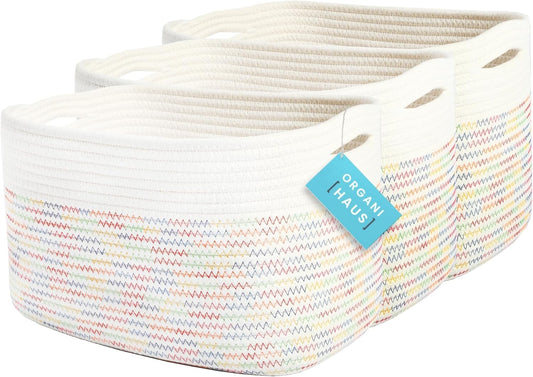 OrganiHaus Set of 3 Rainbow Stiches Woven Storage Baskets for Organizing, Cotton Rope Storage Baskets for Shelves, Soft Bathroom Bins for Organizing, Decorative Cute Nursery Bins for Toys