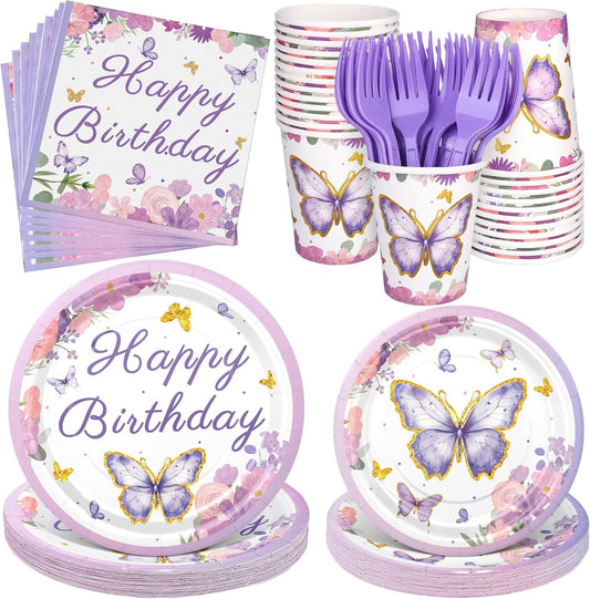 144 Pieces Butterfly Birthday Party Supplies Including Disposable Paper Plates Napkins Cups Forks Serves 24 for Baby Shower Girls Animal Butterfly-themed Party Decorations