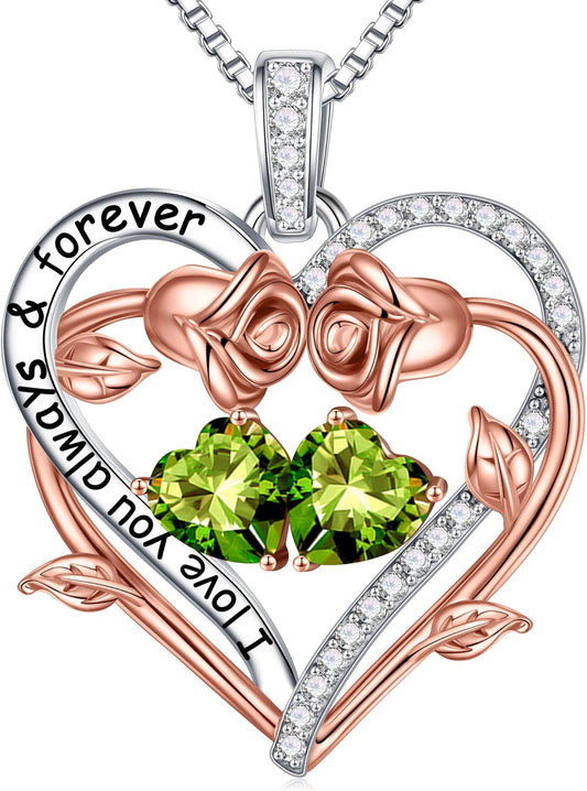 Iefil Rose Heart Double Birthstone Necklace Gifts for Wife Her Mom Women, Birthstone Jewelry Gemstone Birthday Gifts for Girlfriend Grandma Her Wife Women