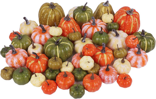 winemana 46 Pcs Assorted Size Artificial Pumpkins Fall Decorations, Mixed-Color Foam Pumpkin Autumn Decor, Decorative Faux Pumpkin for Thanksgiving Table Centerpiece Mantle Bowl Wedding Party