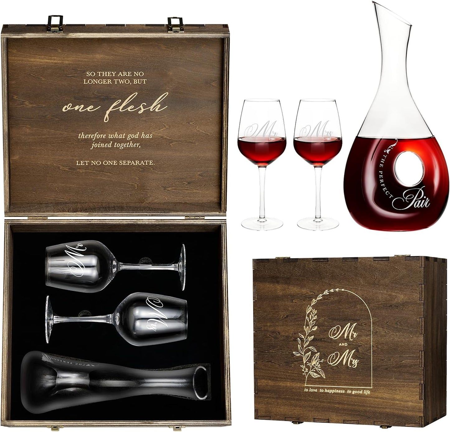 AW BRIDAL Mr and Mrs Wine Glasses and Decanter Set, Wedding Bridal Shower Engagement Gift for Couples 2025, Wedding Glasses for Anniversary Bride Bachelorette with Wood Keepsake Box