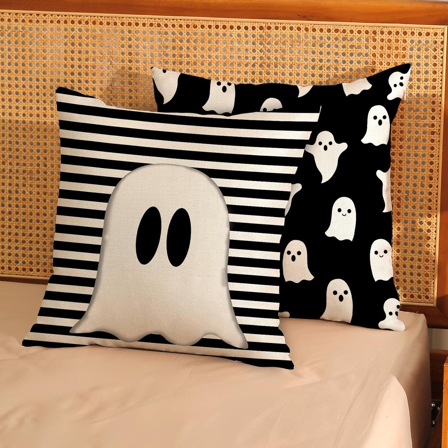 Halloween Pillow Covers 18x18 Set of 2 Cute Black Stripes Ghost Decorative Throw Pillow Covers Halloween Pillow Covers for Halloween Home Decoration L inen Cushion Case for Couch Sofa Decor