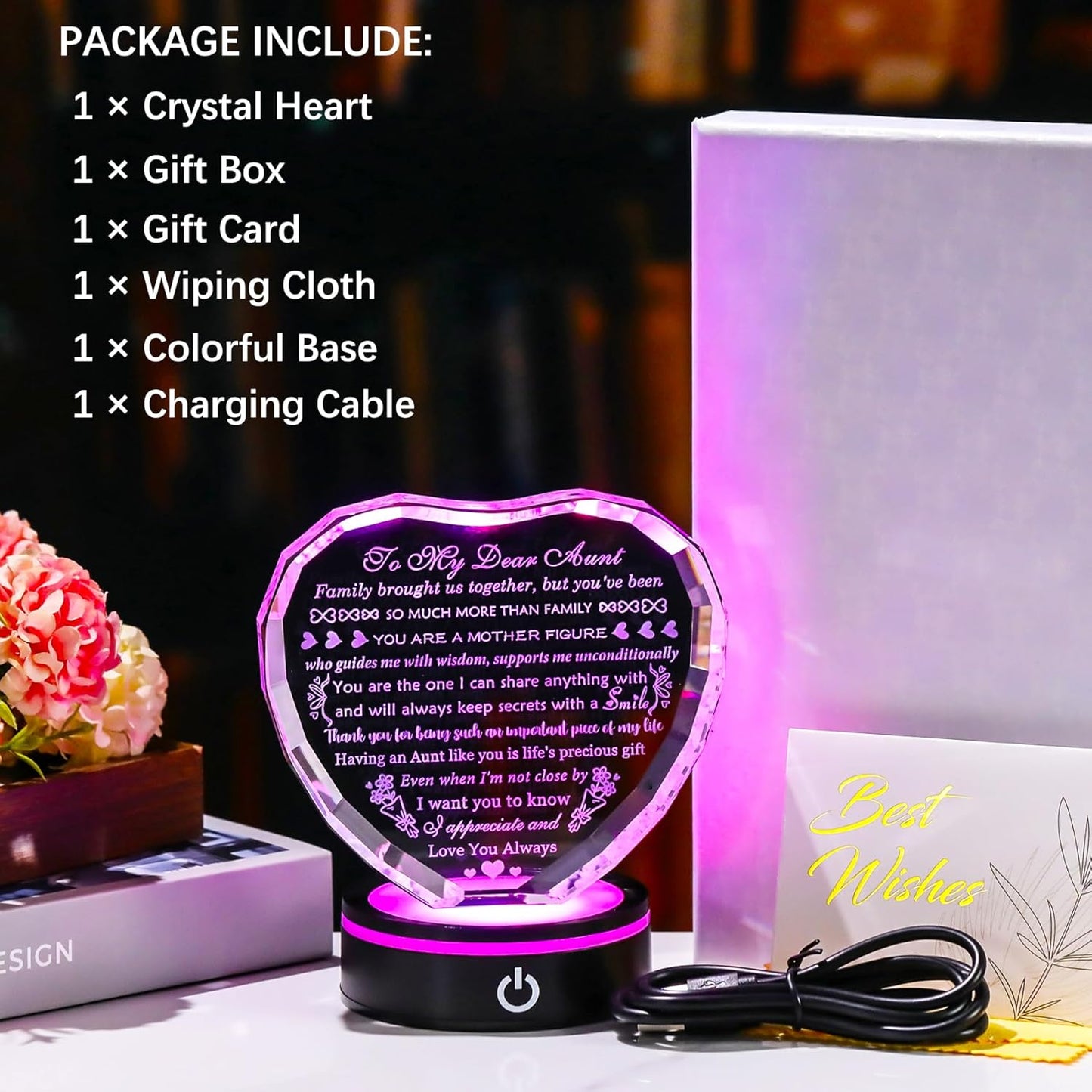 YWHL Aunt Birthday Gifts for Women with Colorful LED Base Unique Heart Gifts for Aunt from Niece Nephew Best Auntie Gift Ideas on Mothers Day Thanksgiving