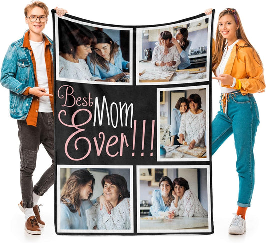 Custom Mom Blanket with 5 Photos Personalized Blanket with Pictures Customized Throw Gifts for Mom Grandma Photo Throw Blanket for Birthday Mother's Day, 15 Colors Available