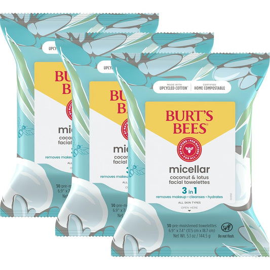 Burt's Bees Back To School Dorm Essentials, Coconut & Lotus Face Wipes, for All Skin Types, Micellar Makeup Remover & Facial Cleansing Towelettes, 30 Ct. (3-Pack)