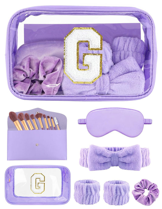 Gift Sets for Women, Initial Makeup Bag with Makeup Brush Set Bachelorette Party Favors, Purple Spa Kit with Skincare Headbands Wrist Bands Sleepover Party Supplies Gifts for Teen Girls Bridesmaid G