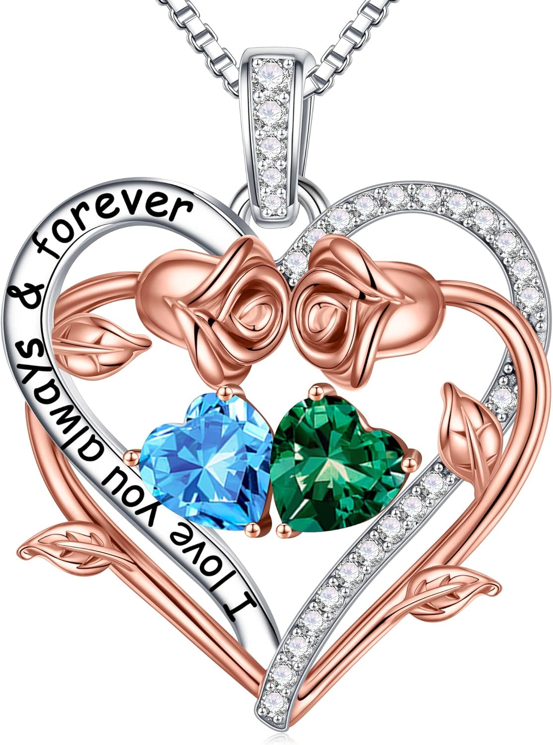 Iefil Rose Heart Double Birthstone Necklace Gifts for Wife Her Mom Women, Birthstone Jewelry Gemstone Birthday Gifts for Girlfriend Grandma Her Wife Women