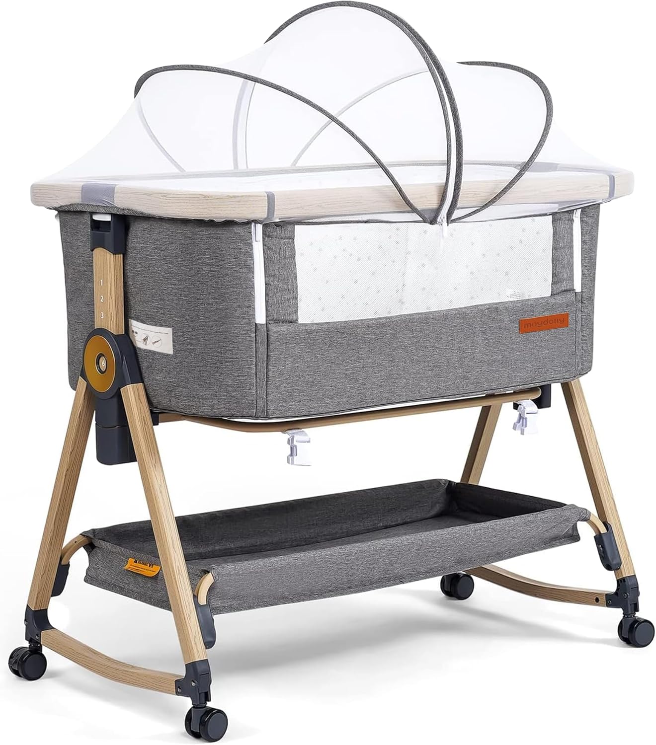 Maydolly Baby Bassinet & Bedside Sleeper, 3 in 1 Rocking Bassinet with Mattress & Sheet, Adjustable Height, Removable Breathable Cover, Easy Folding Infant Crib (Grey)