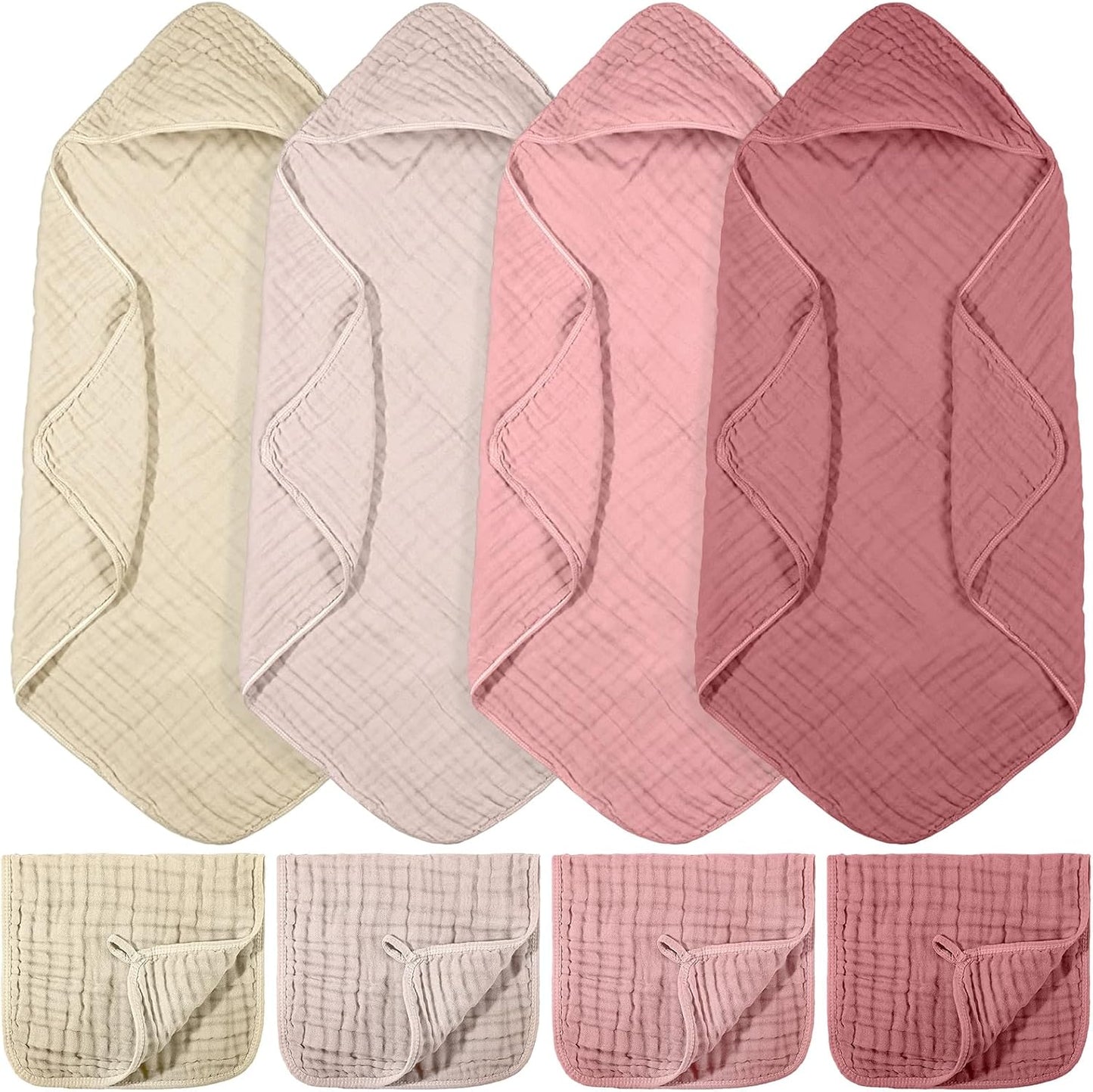 8 Pcs Baby Muslin Hooded Bath Towels and Washcloths, 32 x 32 Inch Muslin Cotton Hooded Baby Towels Absorbent Blankets for Gift Newborn Infant Shower (Elegant Color)