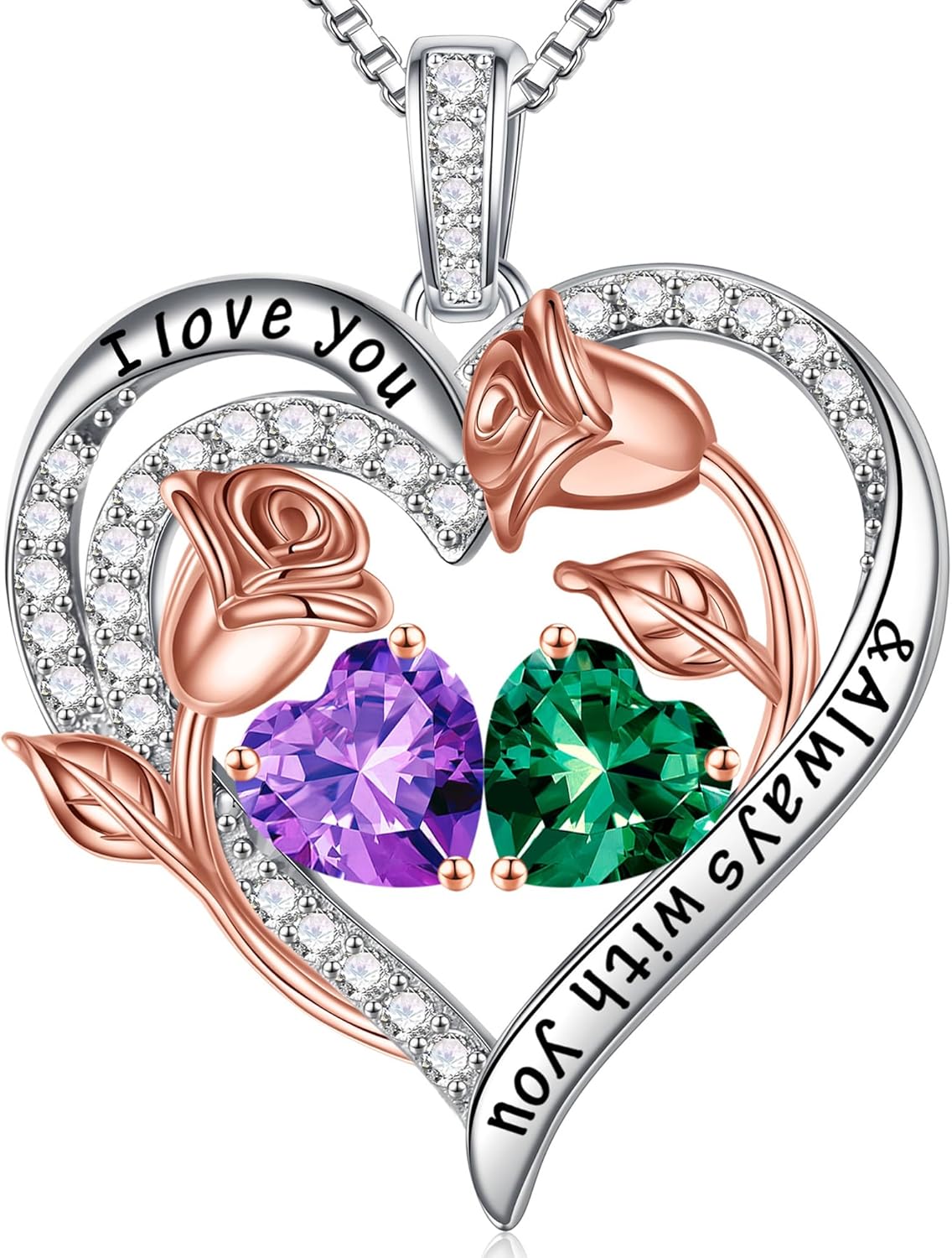 Iefil Birthstone Necklace for Women - 925 Sterling Silver Rose Heart Birthstone Necklace Birthday Anniversary Jewelry Gifts for Her Wife Mom Daughter