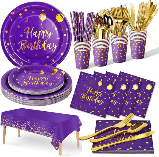 Birthday Party Tableware, 161 Pieces Purple Gold Party Supplies, Dinnerware Sets Include Paper Plates Napkins Cups Silverware, for Shower Engagement Parties Decoration -20 Serves