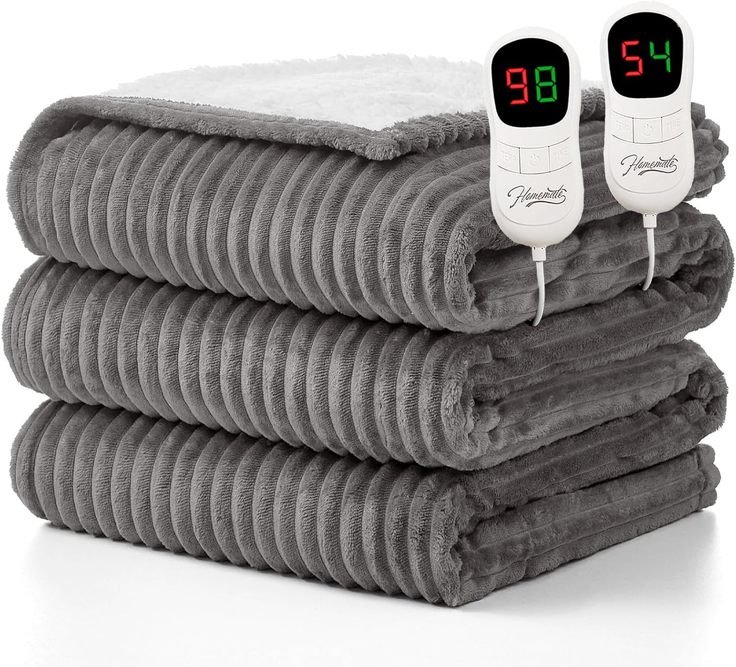 Homemate Electric Heated Blanket Queen Size - 84"x90" Heating Blanket Queen Size Dual Control 1/2/4/6/8 Hours Auto-Off 10 Heat Level Over-Heat Protection Soft Flannel Sherpa ETL Certification