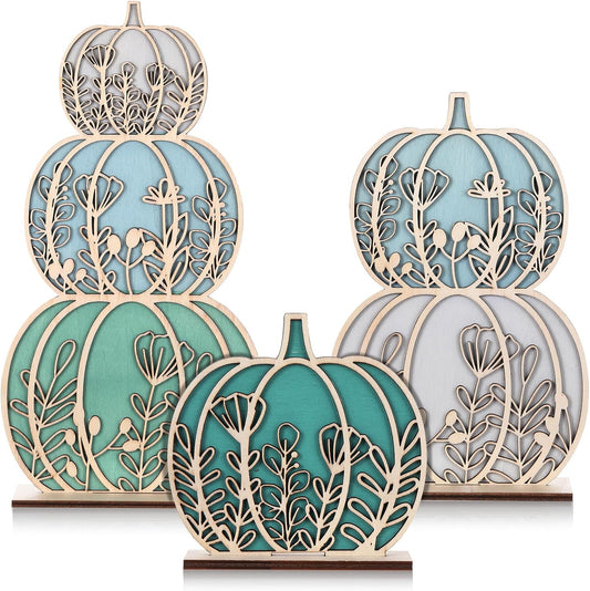 Leinuosen Fall Pumpkin Decorations Wooden Tabletop Signs, Autumn Table Centerpieces Pumpkins of 3 Size Fall Tray Decor for Home Room Decor Thanksgiving Halloween Harvest Decoration(Gradient Blue)