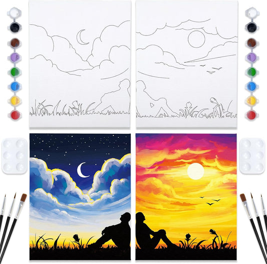2 Pack 12x16 Pre Drawn Canvas for Painting for Adults Sip and Paint Kit for Adult's Couple's Date Night Party Supplies Favors Valentine's Day Gift Sunset and Starry Night