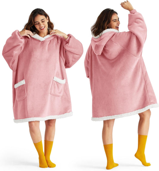 Bedsure Blanket Hoodie, Wearable Blanket for Adults & Kids as Gifts for Women Men, Birthday Gifts for Women Mom Girl Sherpa Oversized Hoodie, Mellow Rose, Standard