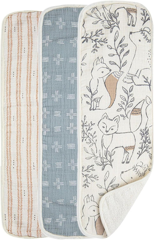 Crane Baby Muslin Burp Cloths Set, Woodland Animals, Gender Neutral Baby Gift, Absorbent Cotton Terry Backing, Machine Washable, 7" X 20"