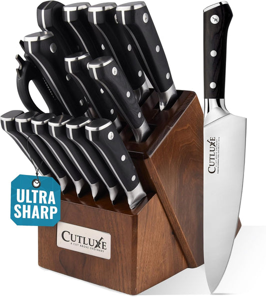 Cutluxe 15-Piece Knife Set – Premium Walnut Wood Block – Knife Set for Kitchen, Ultra Sharp High Carbon German Stainless Steel, Full Tang – Artisan Series