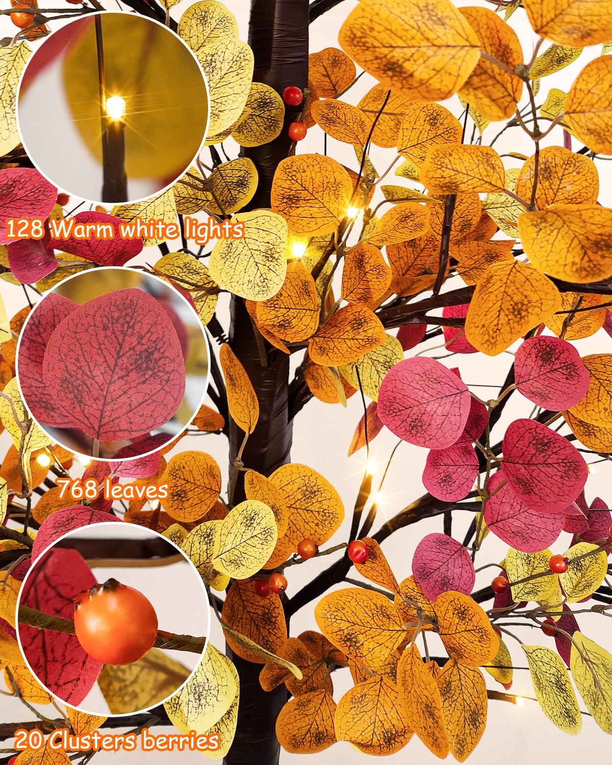7FT Lighted Fall Eucalyptus Tree Artificial Autumn Tree 128 LED Lights Thanksgiving Eucalyptus Leaves Tree for Fall Wedding Party Harvest Home Indoor Decor