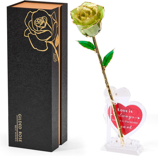 Mikasol Real 24K Gold Dipped Realistic Rose – Timeless Lifelike Bloom with Heart Puzzle Base – Romantic Gradient Green Flower Gift for Her, Wife, Girlfriend, Mom – Birthday, Anniversary, Mother’s Day