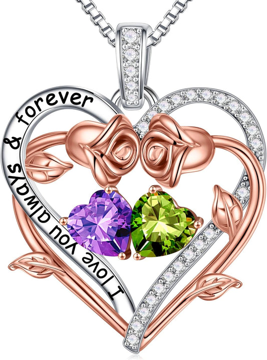 Iefil Rose Heart Double Birthstone Necklace Gifts for Wife Her Mom Women, Birthstone Jewelry Gemstone Birthday Gifts for Girlfriend Grandma Her Wife Women