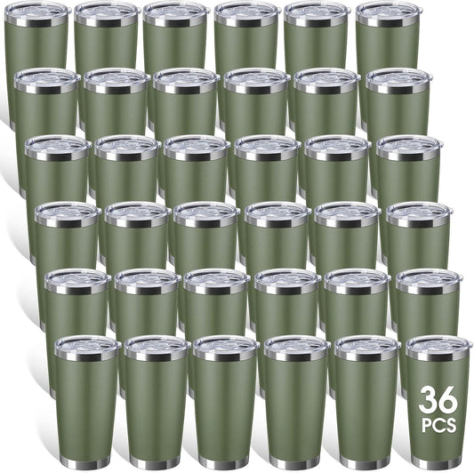 Sieral 36 Packs Stainless Steel Tumbler Bulk with Lid Vacuum Double Wall Insulated Travel Coffee Mug Powder Coated Tumbler Cup for Graduation Wedding Christmas Birthday Party(Army Green, 20 oz)