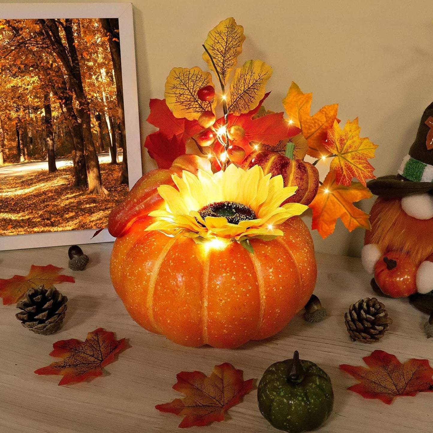 [Timer & Prelit] Thanksgiving Decorations Fall Decorations for Home, Artificial Fake Pumpkin with Maples Leaves Sunflower Berried 20 LED Lights Halloween Fall Centerpieces for Tables Home Porch Indoor