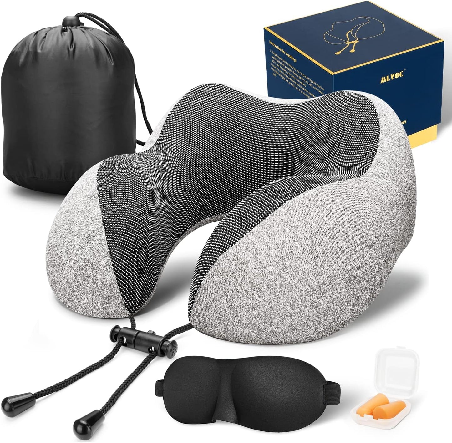 MLVOC Travel Pillow 100% Pure Memory Foam Neck Pillow, Comfortable & Breathable Cover, Machine Washable, Airplane Travel Kit with 3D Sleep Mask, Earplugs, and Luxury Bag,Standard (Grey)