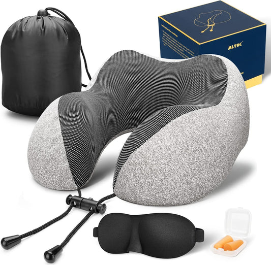 MLVOC Travel Pillow 100% Pure Memory Foam Neck Pillow, Comfortable & Breathable Cover, Machine Washable, Airplane Travel Kit with 3D Sleep Mask, Earplugs, and Luxury Bag,Standard (Grey)