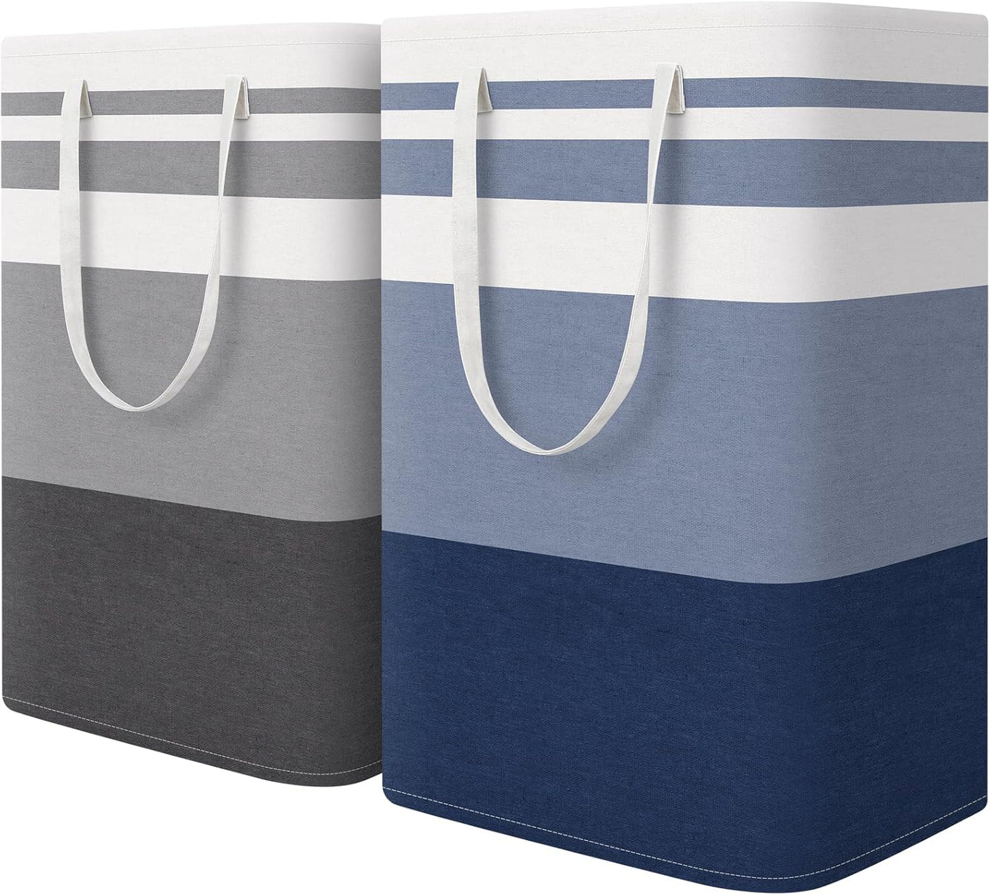 HomeHacks 2 Pack Large Laundry Baskets, Waterproof, Freestanding Laundry Hampers, Collapsible Clothes Hamper with Reinforced Handles in Laundry, College Dorm, Bathroom, Bedroom (Grey+Blue, 75Lx2)