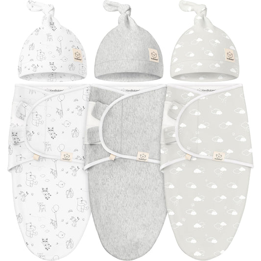 KeaBabies 3-Pack Swaddles for Newborns, Girls, Boys with Hats - Organic Soft Baby Sleep Sacks, Breathable Baby Swaddle 3-6 Months Beanies Set, Premie Infant Sleep Sack 0-3 Months (Aspire)