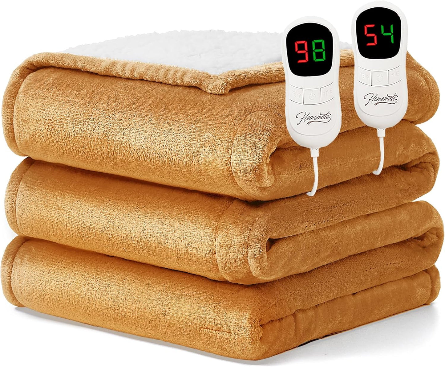 Homemate Electric Heated Blanket King Size - 100"x90" Heating Blanket King Size Dual Control 1/2/4/6/8 Hours Auto-Off 10 Heat Level Over-Heat Protection Flannel Sherpa ETL Certification