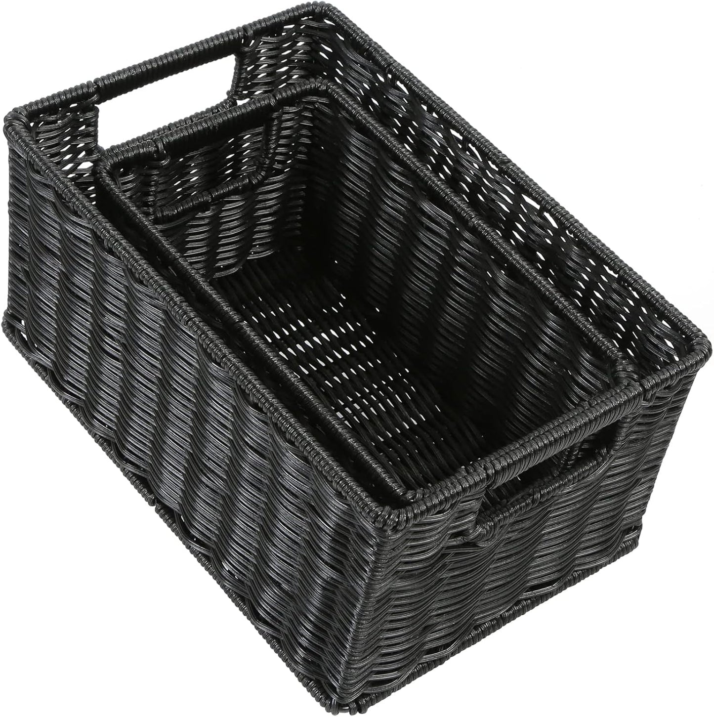 HOONEX Wicker Baskets for Storage, Plastic Baskets for Organizing with Dual Handles, Woven Baskets for Storage, Set of 2, Black