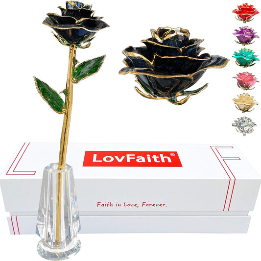Valentine Gift Real Rose Dipped 24K Gold with Crystal Stand, Best Anniversary Rose Gift for Her Wife Mother Birthday Christmas (C81. Black -Thick Gold Blooming)