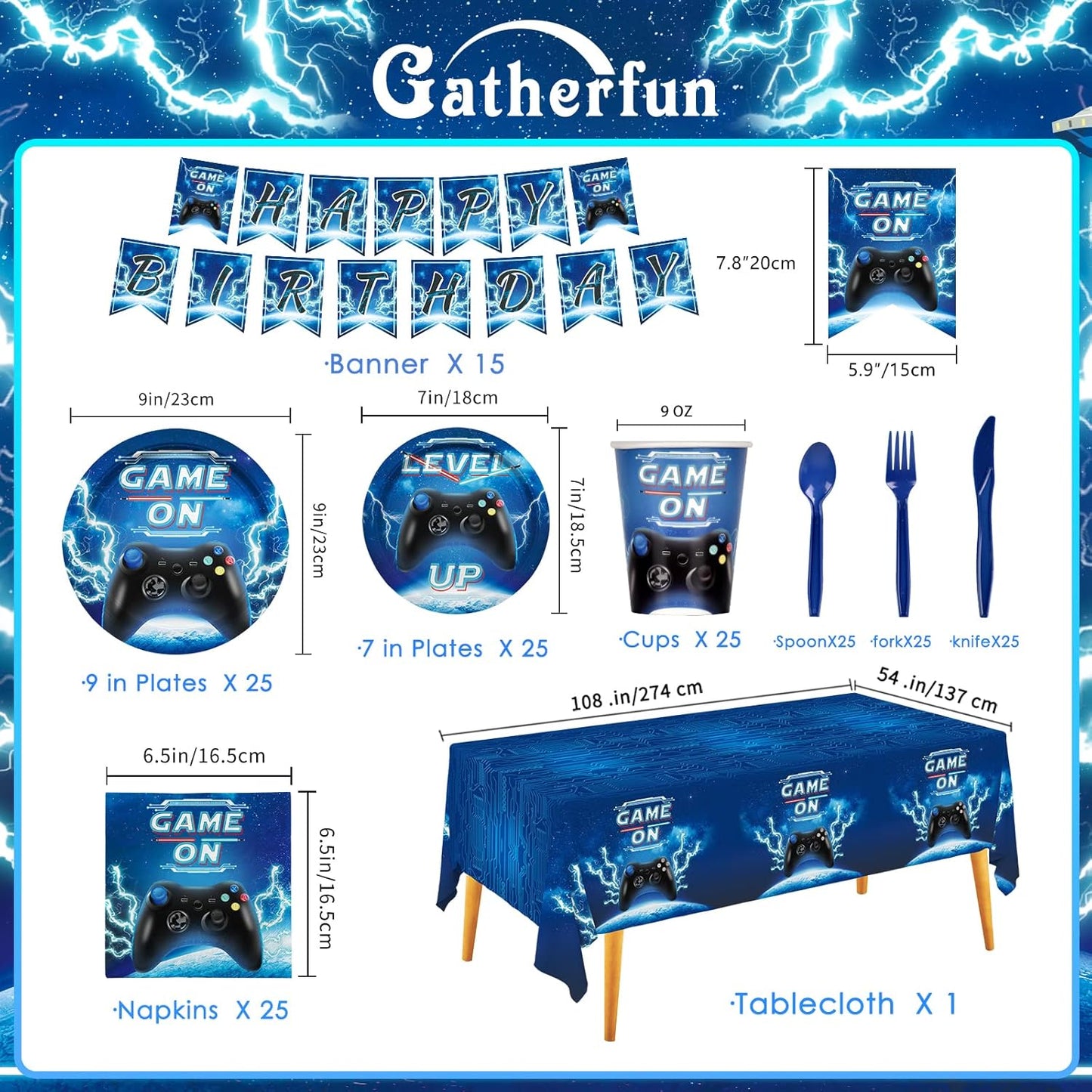 Video Game Party Supplies Kit Serve 25,Includes Dinner Plates,Dessert Plates,Napkins,Cups,Cutlery,Tablecloth,Banner for Gamer Birthday Party Decorations for Boys Adults.