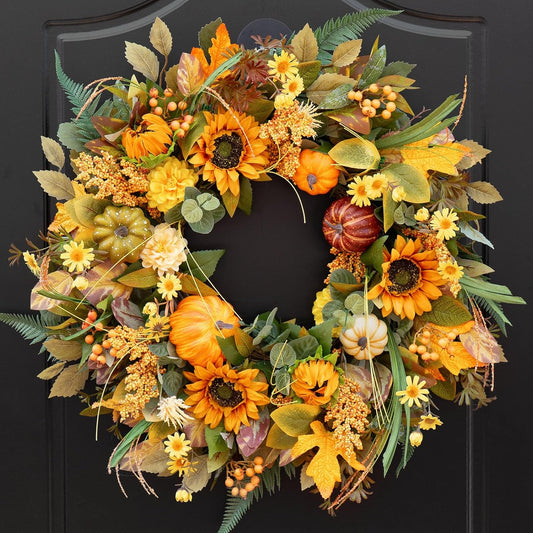 Fall Wreath 24 Inch Fall Wreaths for Front Door Outside with Sunflowers, Pumpkins, and Leaves – Autumn Wreath for Front Door, Outdoor Wreaths for Front Door, Beautiful Decor for Thanksgiving